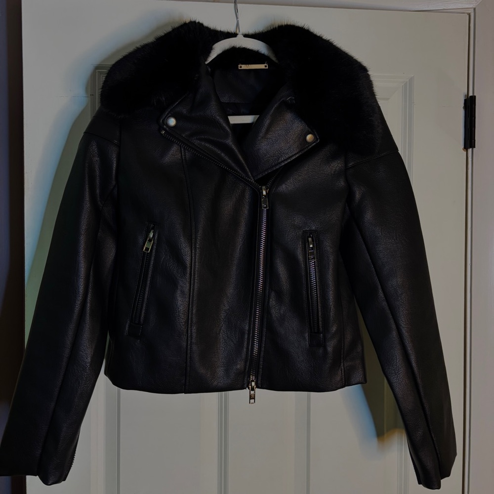 Faux Fur Collar & Faux Leather Moto Jacket